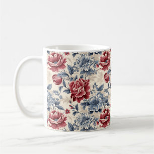 Taza De Café Toile francesa & Toile de Jouy rosas azules y roja