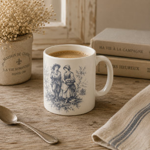 Taza De Café Toile romántico del campo francés en azul polvorie