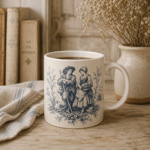 Taza De Café Toile romántico del campo francés en azul polvorie
