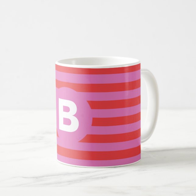 Taza De Café Tonos brillantes de rosa rayas monogramadas (Anverso derecho)