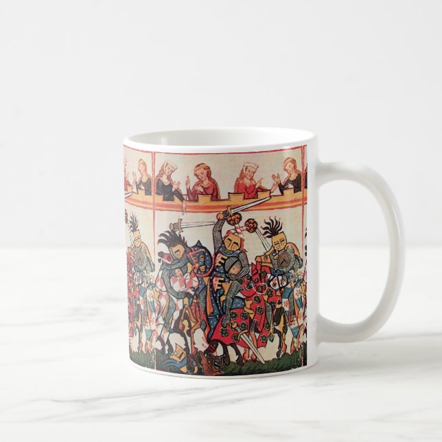 TAZA DE CAFÉ TORNEO MEDIEVAL, CABALLEROS QUE LUCHAN Y DAMISELAS (Derecha)