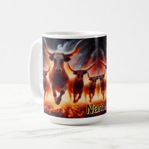 Taza De Café Toros Longhorn Cargando Personalizados en Fuego