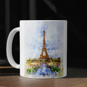 Taza De Café Torre Eiffel Atardecer París Acuarela Francesa