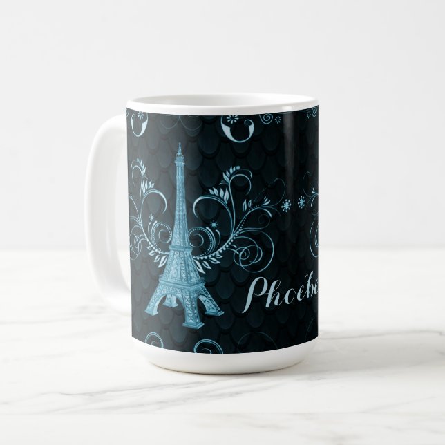 Taza De Café Torre Eiffel Blue Floral Swirls (Anverso izquierdo)
