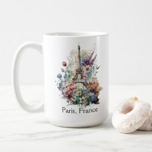 Taza De Café Torre Eiffel Florales Acuarela, París Francia