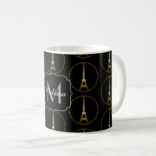 Taza De Café Torre Eiffel monograma con patrón de brillo dorado