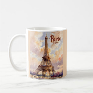 Taza De Café Torre Eiffel Puesta de Sol Viajes Acuarela Texto P