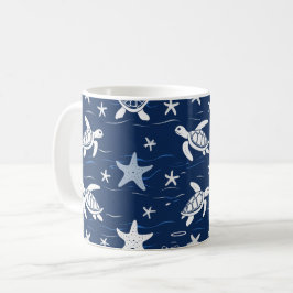 Taza De Café Tortuga marina minimalista y patrón de pez estrell
