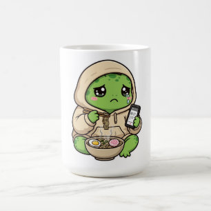 Taza De Café Tortuga Triste Comiendo Ramen y Desplazándose en e