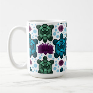 Taza De Café Tortugas marinas verde y azul patrón de loto