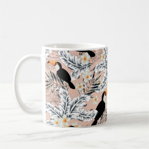Taza De Café Toucanes, hojas gráficas de palma, flores plumeri