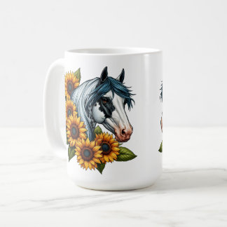 Taza De Café Tovero blanco y negro pintando caballos y girasole