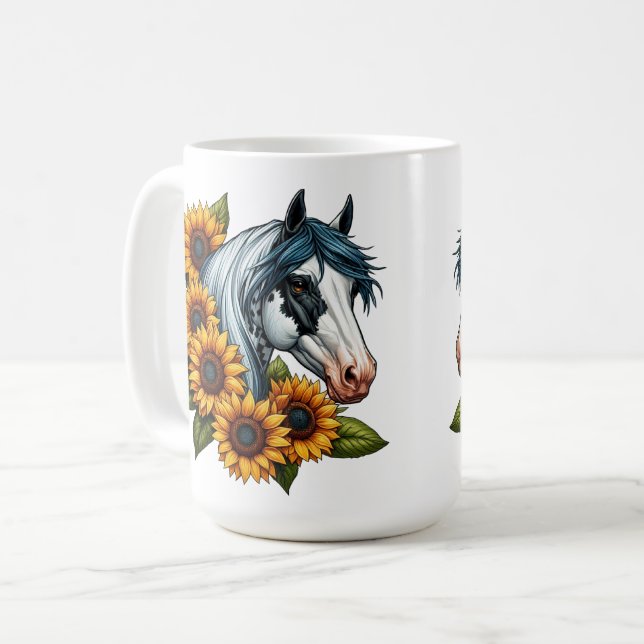 Taza De Café Tovero blanco y negro pintando caballos y girasole (Anverso izquierdo)