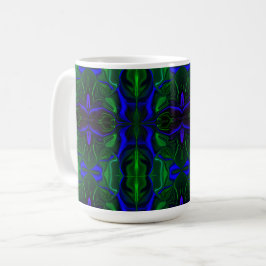 Taza De Café Traços azuis 'flutuando' sobre fundo verde.