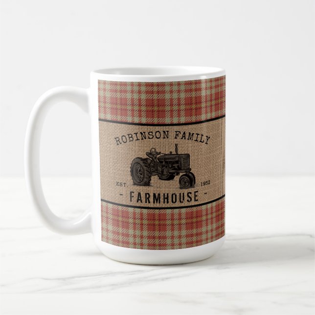 Taza De Café Tractor Red Plaid Burlap (Izquierda)