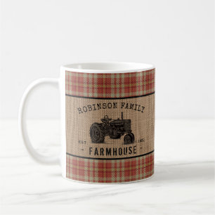 Taza De Café Tractor Rústico de granja familiar Red Plaid Burl