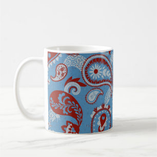 Taza De Café Tradicional Paisley Linocut Rojo Azul Blanco
