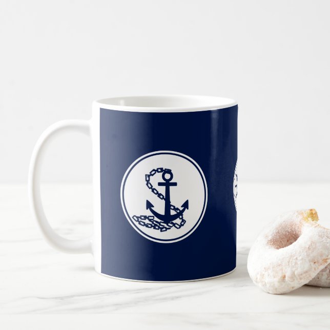 Taza De Café Trama de café azul náutico, anclaje y rueda del ba (Con donut)