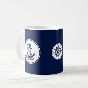 Taza De Café Trama de café azul náutico, anclaje y rueda del ba