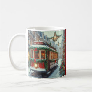 Taza De Café Tranvía Navideño Antiguo en Pueblo Nevado