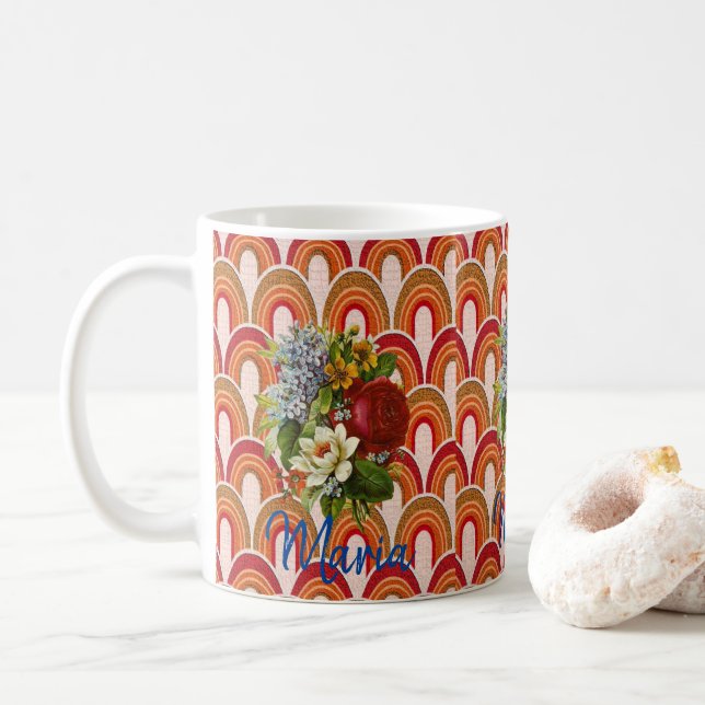 Taza De Café Trazo floral rojo naranja (Con donut)