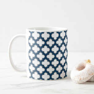 Taza De Café Trellis azul blanco y naval, Entramado, Quatrefoil
