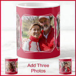 Taza De Café Tres Collage de Fotos Moderno Rojo C81 & Blanco Ma