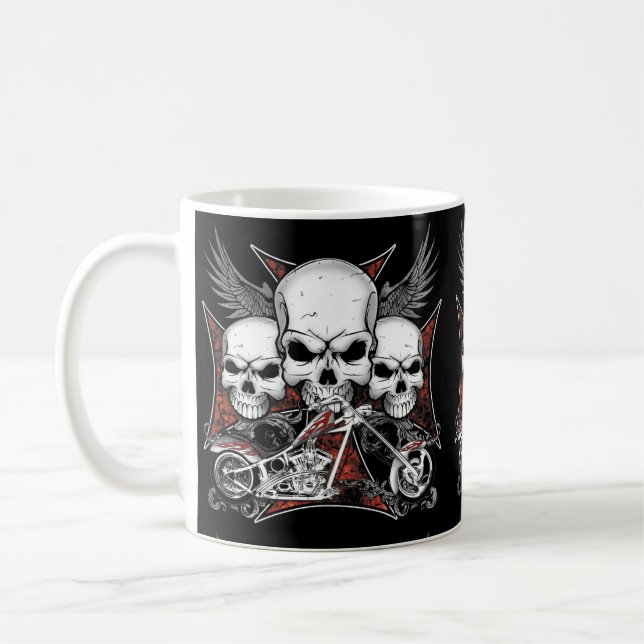 Taza De Café Tres cráneo con motocicleta de helicóptero rojo (Izquierda)