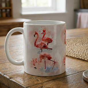 Taza De Café Tres Flamingos Rosas en Impresión de Arte en Acuar