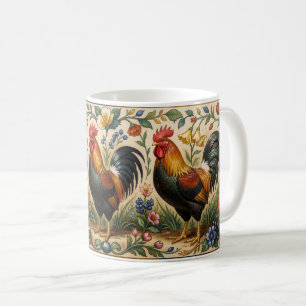 Taza De Café Tres gallos en un jardín florecido