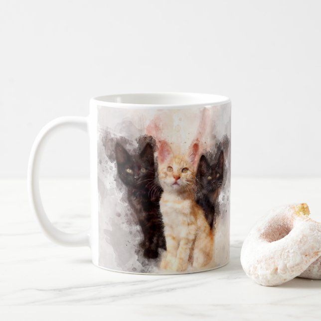 Taza De Café Tres gatitos adorables y hermosas acuarelas (Con donut)