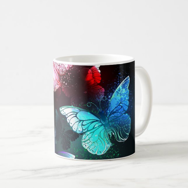 Taza De Café Tres mariposas brillantes en el fondo nocturno (Anverso derecho)
