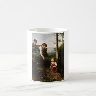 Taza De Café Tres niños recogiendo cerezas silvestres en el bos