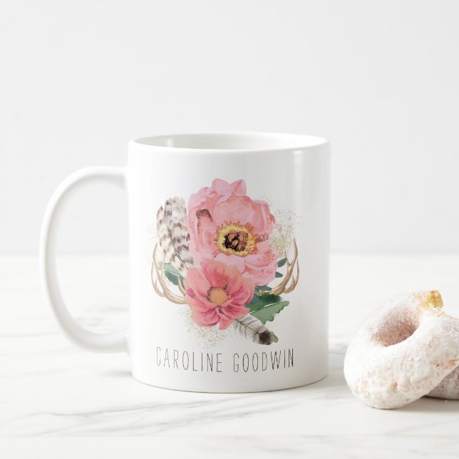 Taza de café tribal de las plumas de Boho (Con donut)