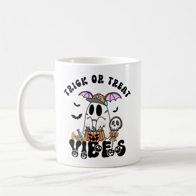Taza De Café Trick o Trek Vibes Retro Ghost Calabaza (Izquierda)
