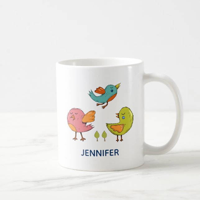 Taza De Café Trío de aves coloridas y mullidas (Derecha)