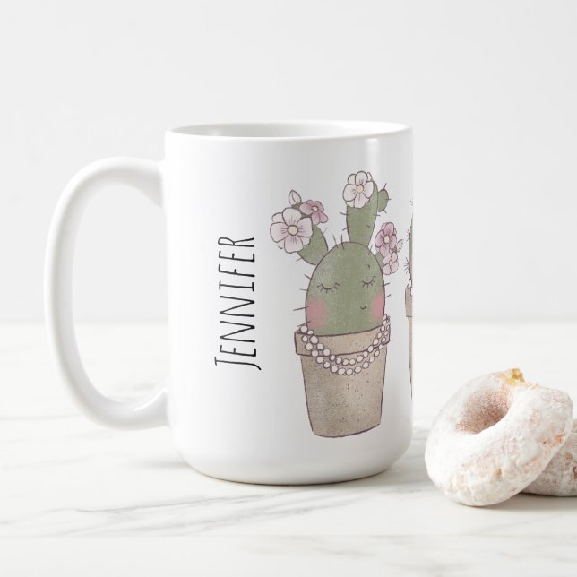 Taza De Café Trío de Cactus Cute Sonriente con joyería (Con donut)