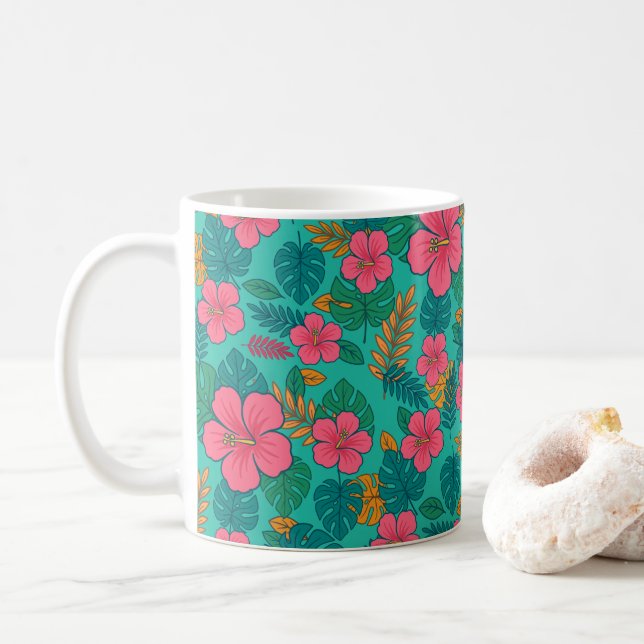 Taza De Café Tropical Hibiscus and Palm Leaf Pattern  (Con donut)