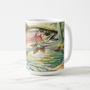 Taza De Café Trucha arcoíris saltando en arroyo forestal acuare