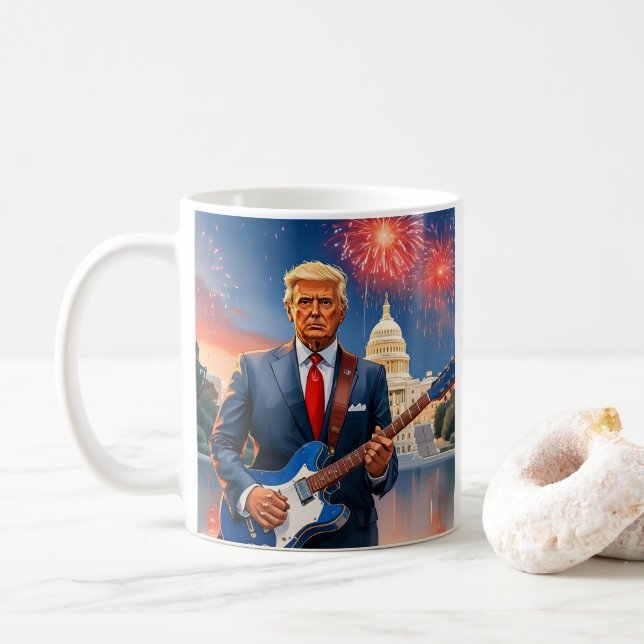 Taza De Café Trump toca guitarra eléctrica en fuegos artificial (Con donut)
