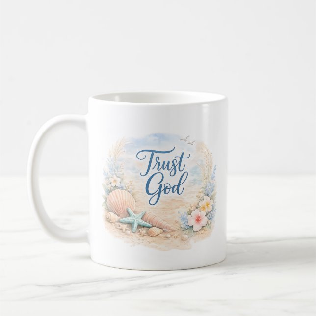 Taza De Café "Trust God" Coastal Beach Watercolor Christian (Izquierda)