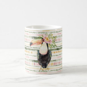 Taza De Café Tucán Pájaro Rayas Verdes Rosadas