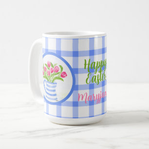 Taza De Café Tulipanes de acuarela de Pascua azul a cuadros