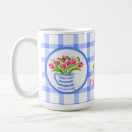 Taza De Café Tulipanes de acuarela de Pascua azul a cuadros