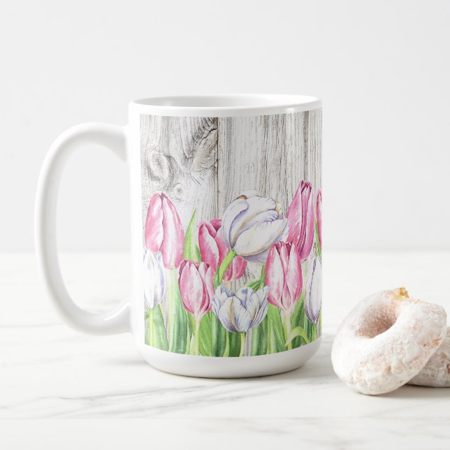 Taza De Café Tulipanes de primavera en madera (Con donut)