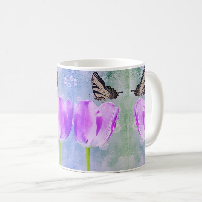 Taza De Café Tulipanes morados y rosados con mariposas - Floral (Anverso derecho)