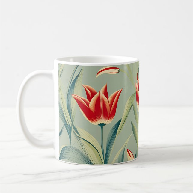 Taza De Café Tulipanes rojos de flor verde sabio (Izquierda)