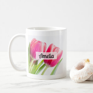 Taza De Café Tulipanes rosados con foto de hojas verdes