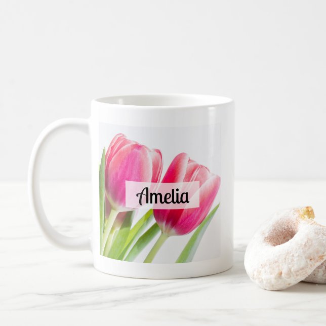 Taza De Café Tulipanes rosados con foto de hojas verdes (Con donut)