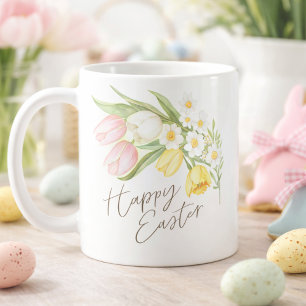 Taza De Café Tulipanes y Narcisos en Acuarela Feliz Pascua